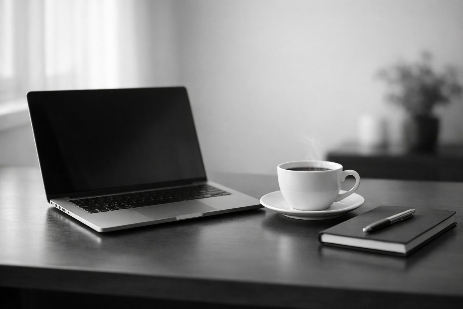 Minimalističan radni prostor s laptopom i šalicom kave u crno-bijelim tonovima.