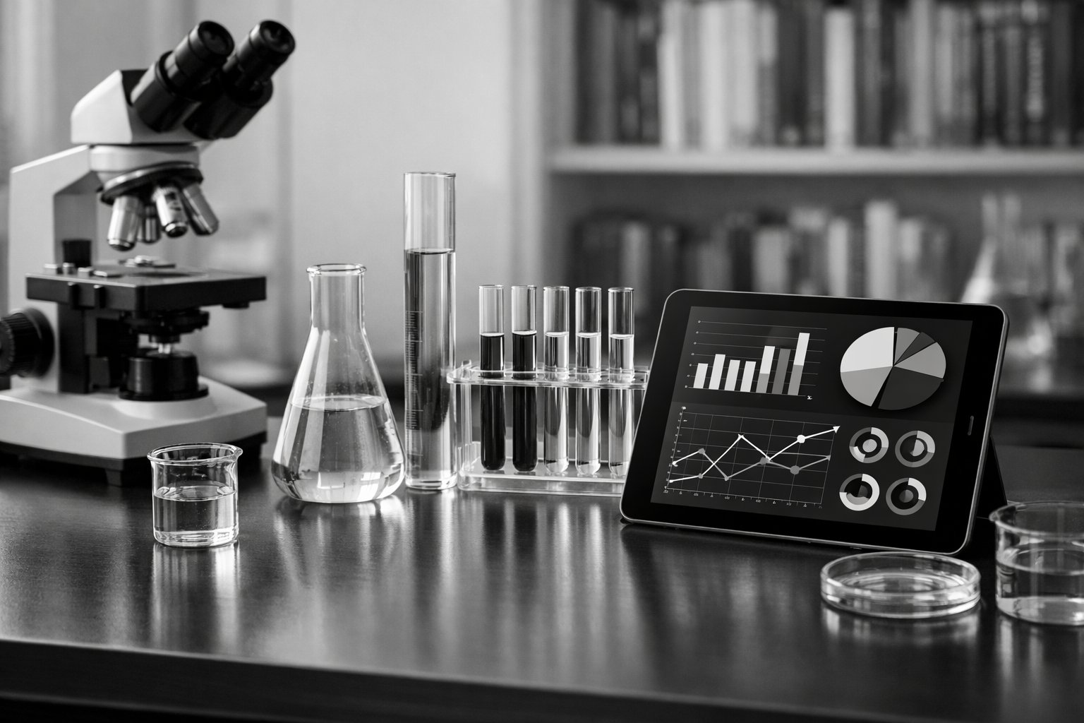 Znanstveni laboratorij s instrumentima i grafikonima u crno-bijelim nijansama.