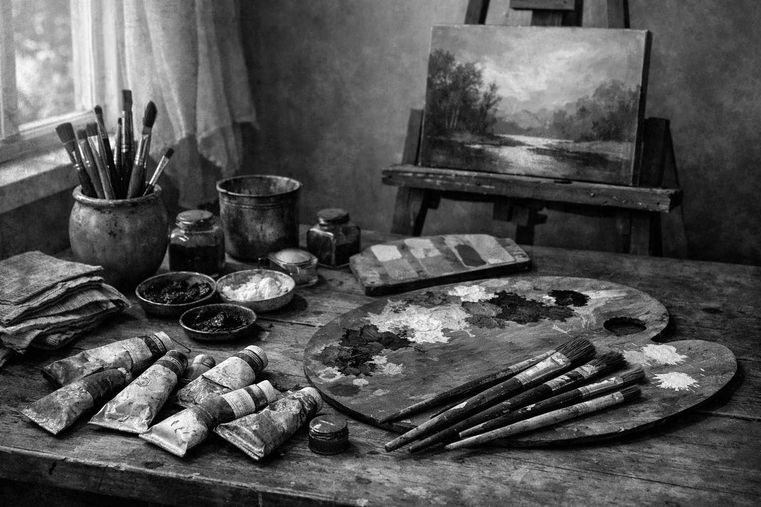 Stari umjetnički stol s kistovima, bojama i paletom u crno-bijelim tonovima, s antiknim stalakom za sliku u pozadini.