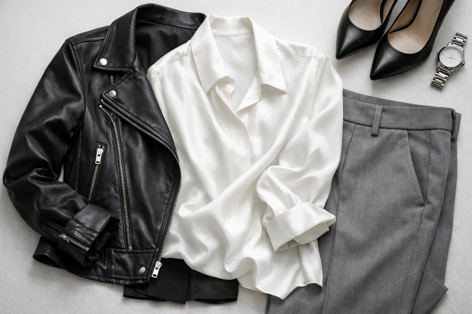 Elegantan prikaz odjeće u crnoj, bijeloj i sivoj boji složene na bijeloj pozadini.