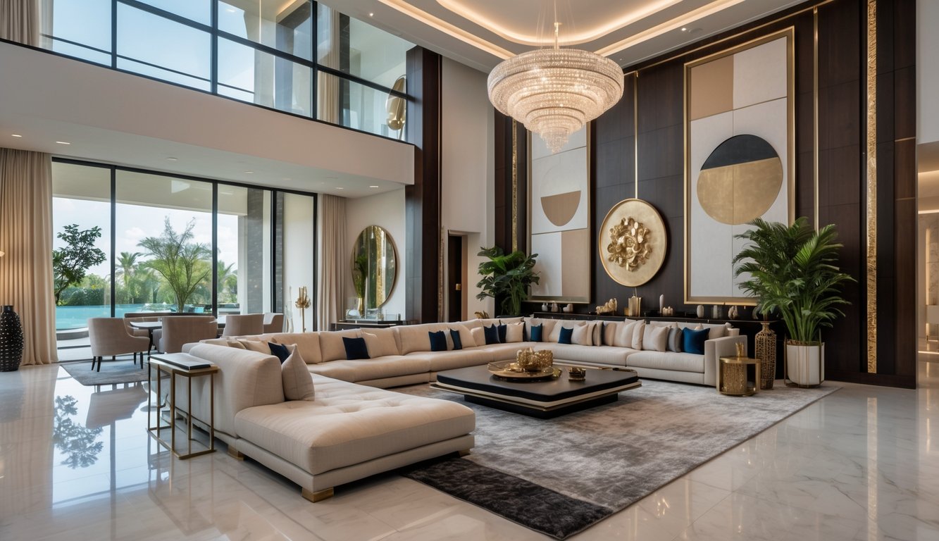 Ruang tamu luas dengan furnitur mewah, jendela besar, dan dekorasi elegan di dalam hunian modern.