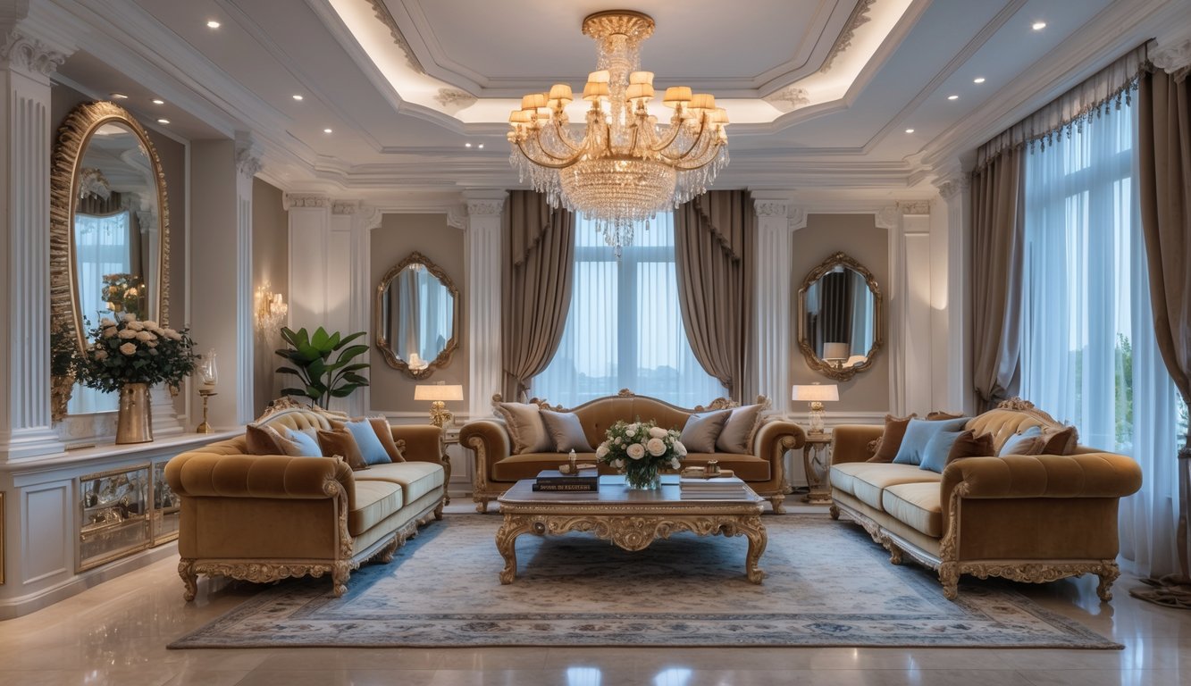 Ruang tamu luas dengan dekorasi interior mewah, lampu gantung besar, sofa empuk, dan jendela tinggi yang menghadap cahaya alami.