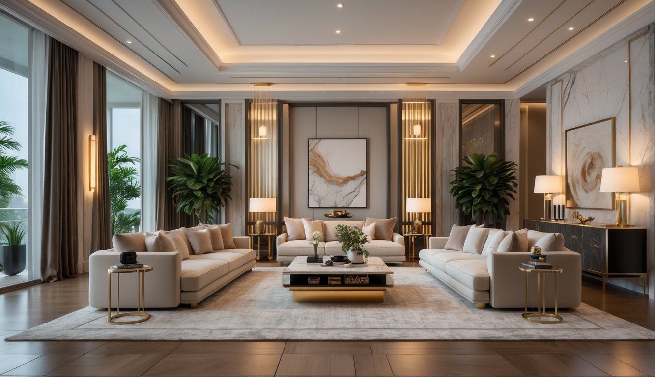 Ruang tamu luas dan mewah dengan sofa nyaman, jendela besar, tanaman hijau, dan pencahayaan hangat.