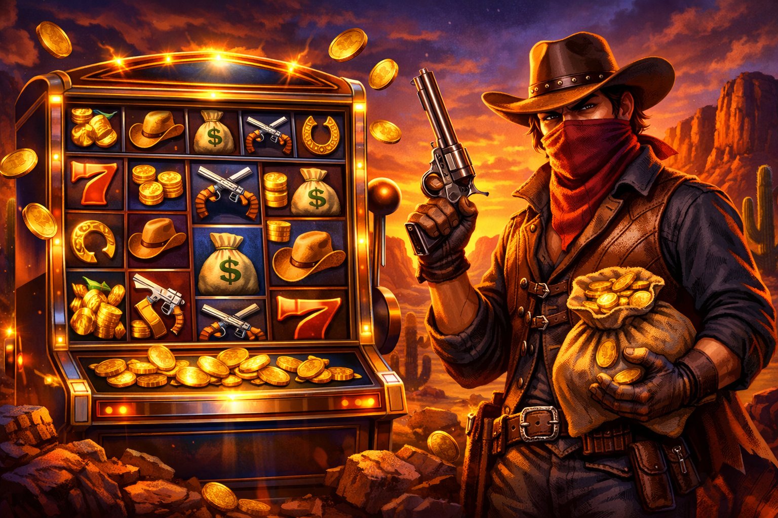 A Masked Bandit Stands Next To A Slot Machine In A Desert Landscape With Cacti And Rocky Cliffs At Sunset.
