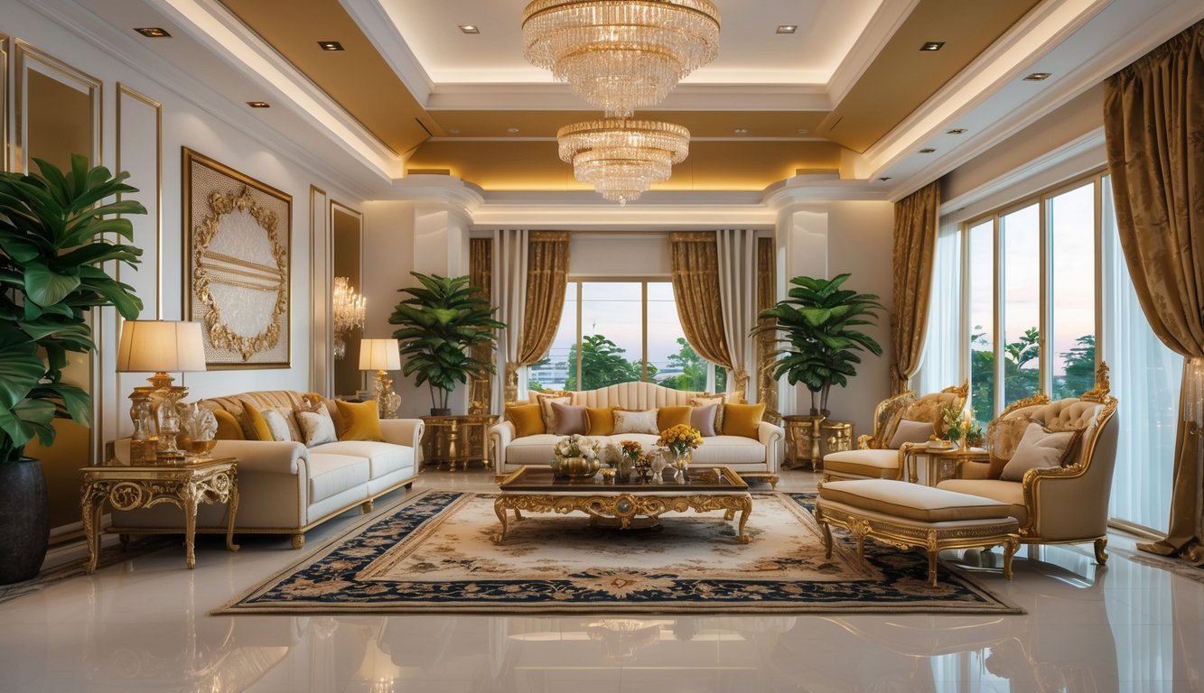 Ruang tamu mewah dengan langit-langit tinggi, furnitur elegan, lampu gantung besar, dan jendela besar yang menerangi ruangan.