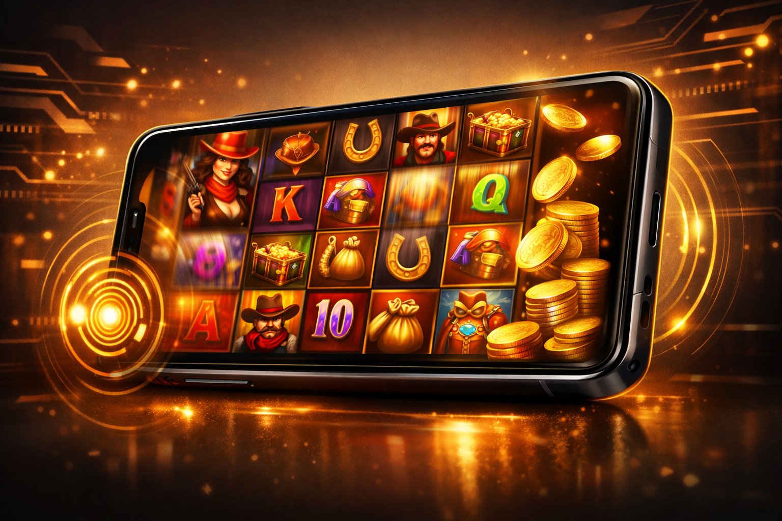 A Smartphone Displaying Colorful Slot Reels With Bandit And Treasure Symbols, Surrounded By Abstract Tech Patterns Indicating Mobile Gaming.