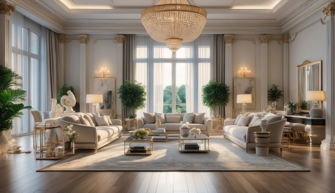 Ruang tamu luas dengan furnitur nyaman, lampu gantung besar, dan jendela besar yang menerangi ruangan.