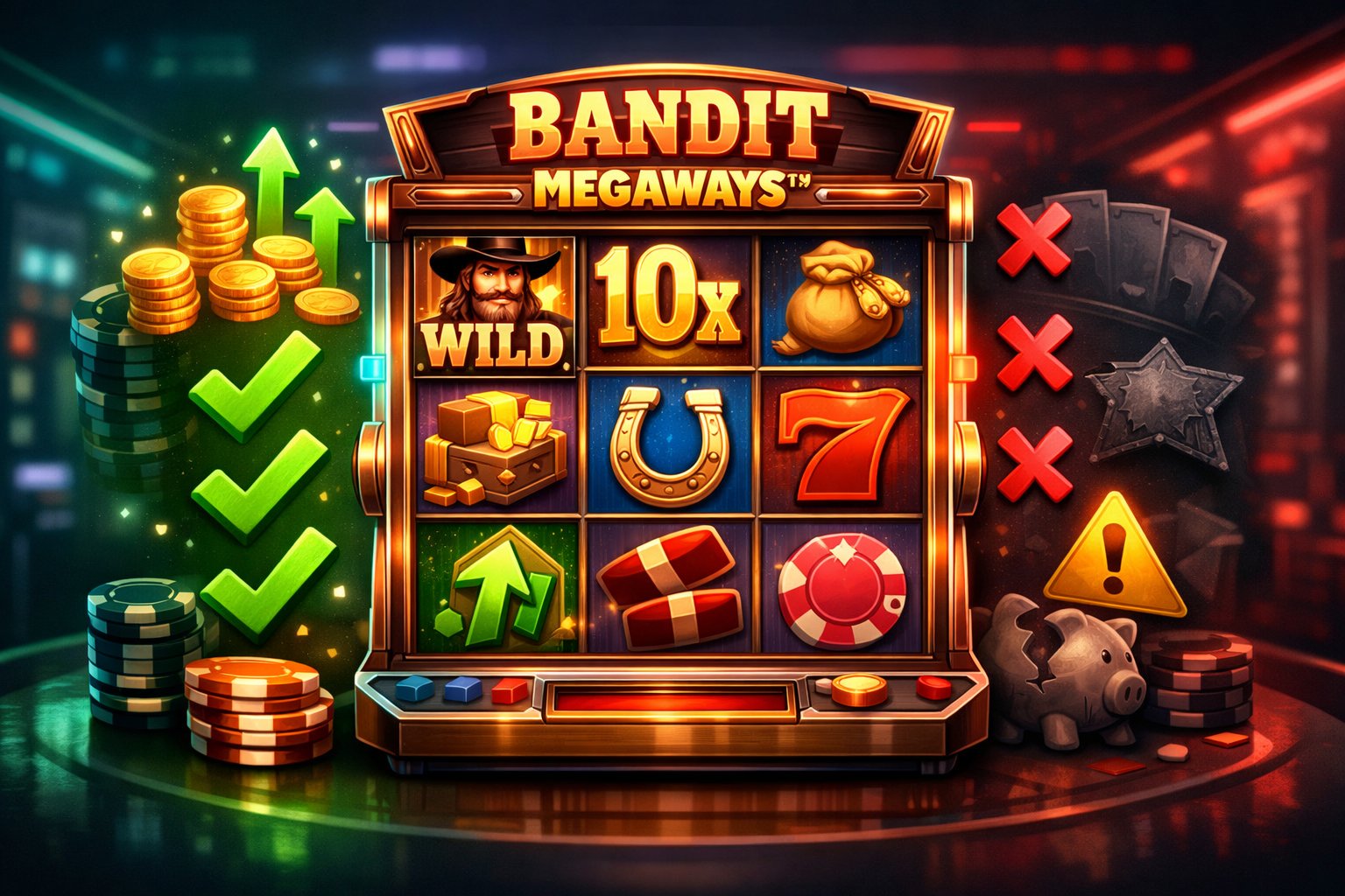 A Slot Machine With Symbols And Icons Representing Positive And Negative Aspects, Surrounded By Casino Elements Like Poker Chips And Playing Cards.