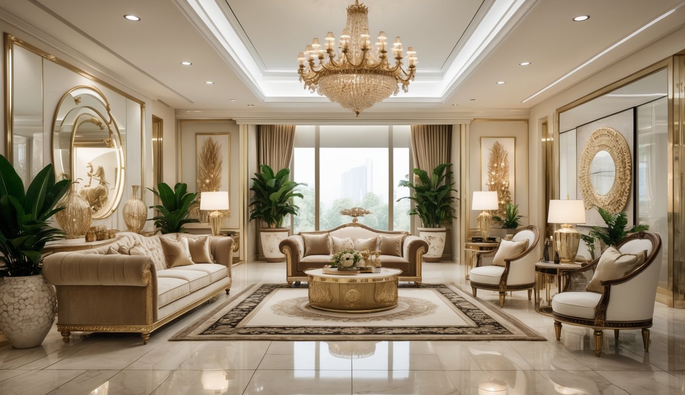 Ruang tamu megah dengan sofa empuk, lampu gantung besar, lantai marmer, dan tanaman hijau di dalam ruangan.