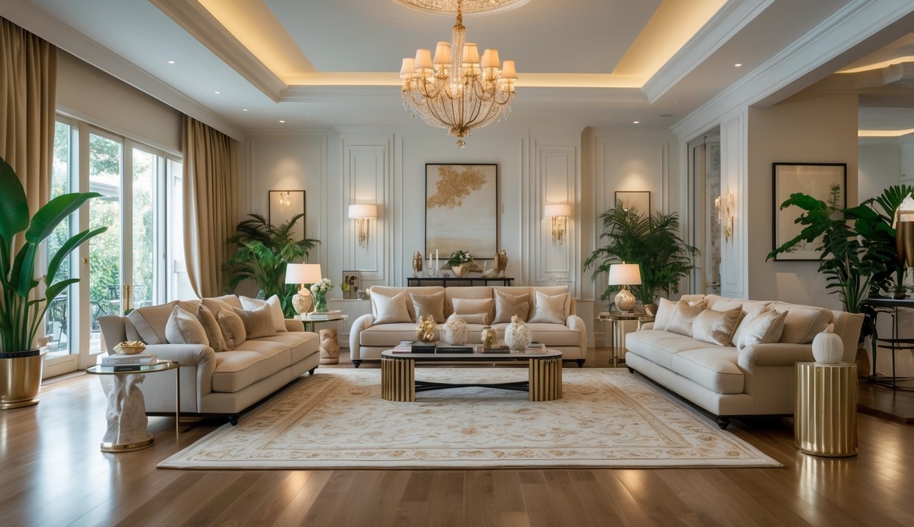 Ruang tamu yang luas dengan sofa besar, meja kopi, lampu gantung, tanaman hias, dan pencahayaan alami dari jendela besar.