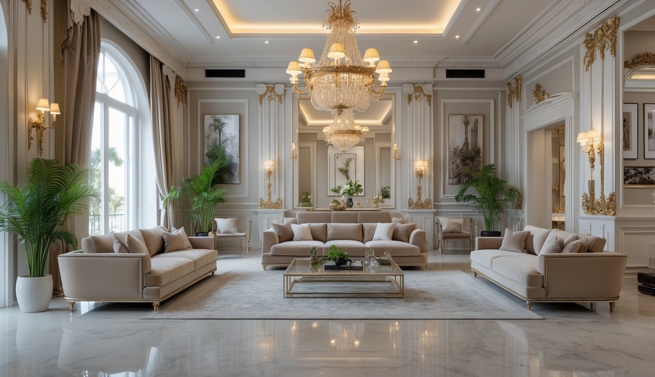 Sebuah ruang tamu luas dengan sofa, meja kopi, lampu gantung, dan tanaman hias di dalam ruangan yang terang.