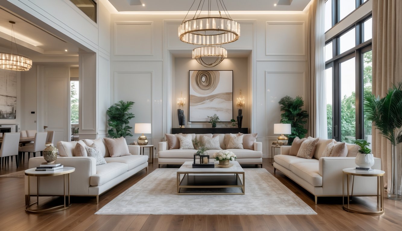 Ruang tamu luas dengan sofa, meja kopi, lampu gantung, dan tanaman hias, diterangi cahaya alami dari jendela besar.