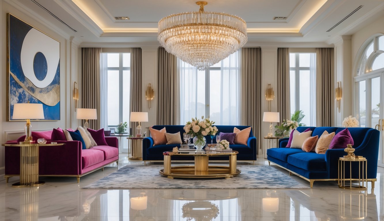 Ruang tamu mewah dengan sofa empuk, lampu gantung kristal, lantai marmer, dan dekorasi elegan.