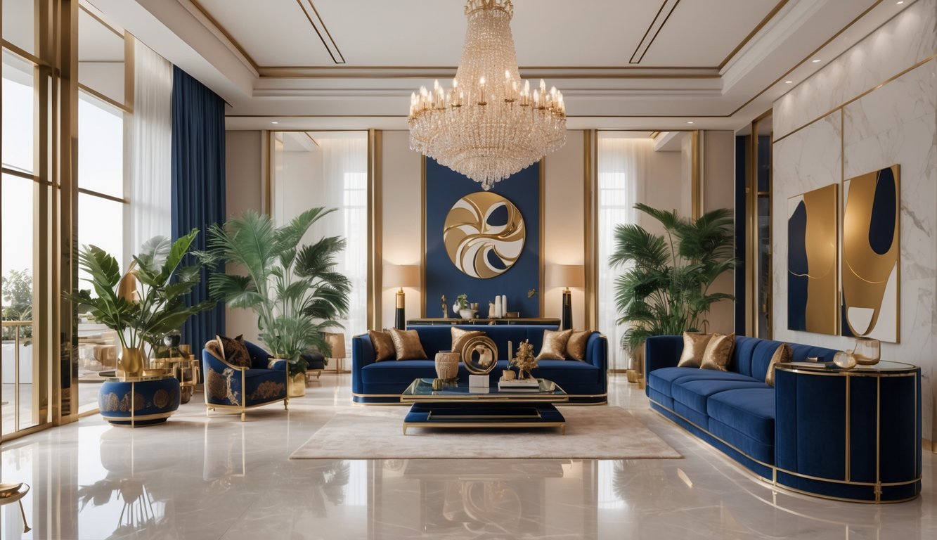 Ruang tamu mewah dengan sofa empuk, lampu gantung besar, dan dekorasi elegan di dalam rumah.