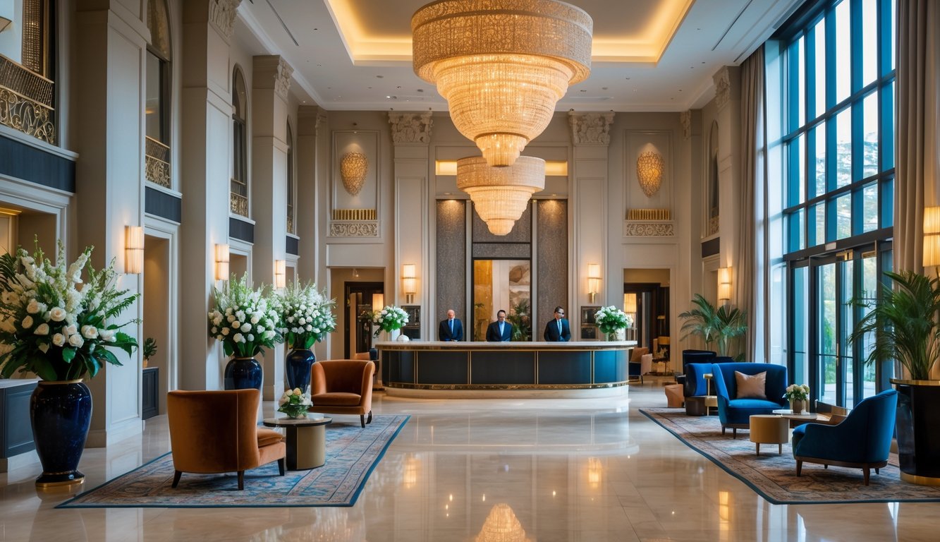 Lobi hotel mewah dengan langit-langit tinggi, lampu gantung besar, lantai marmer, dan area duduk yang nyaman.