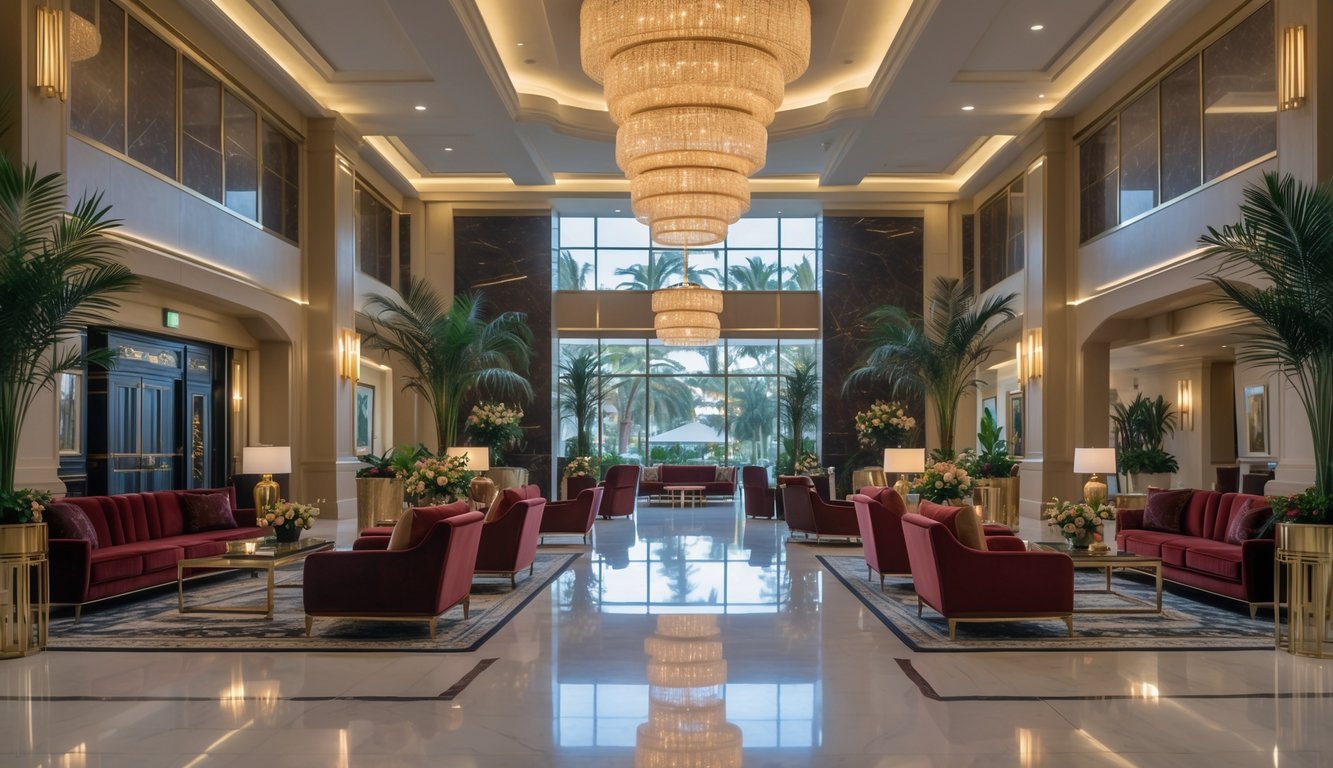 Lobi hotel mewah dengan sofa empuk, lampu gantung besar, tanaman hias, dan dekorasi elegan.