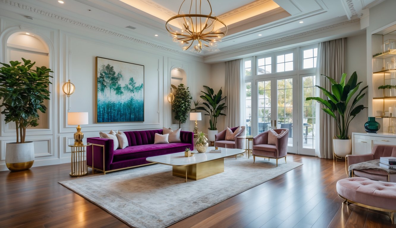 Ruang tamu luas dengan sofa besar, meja kopi marmer, jendela besar, tanaman hijau, dan dekorasi interior mewah.