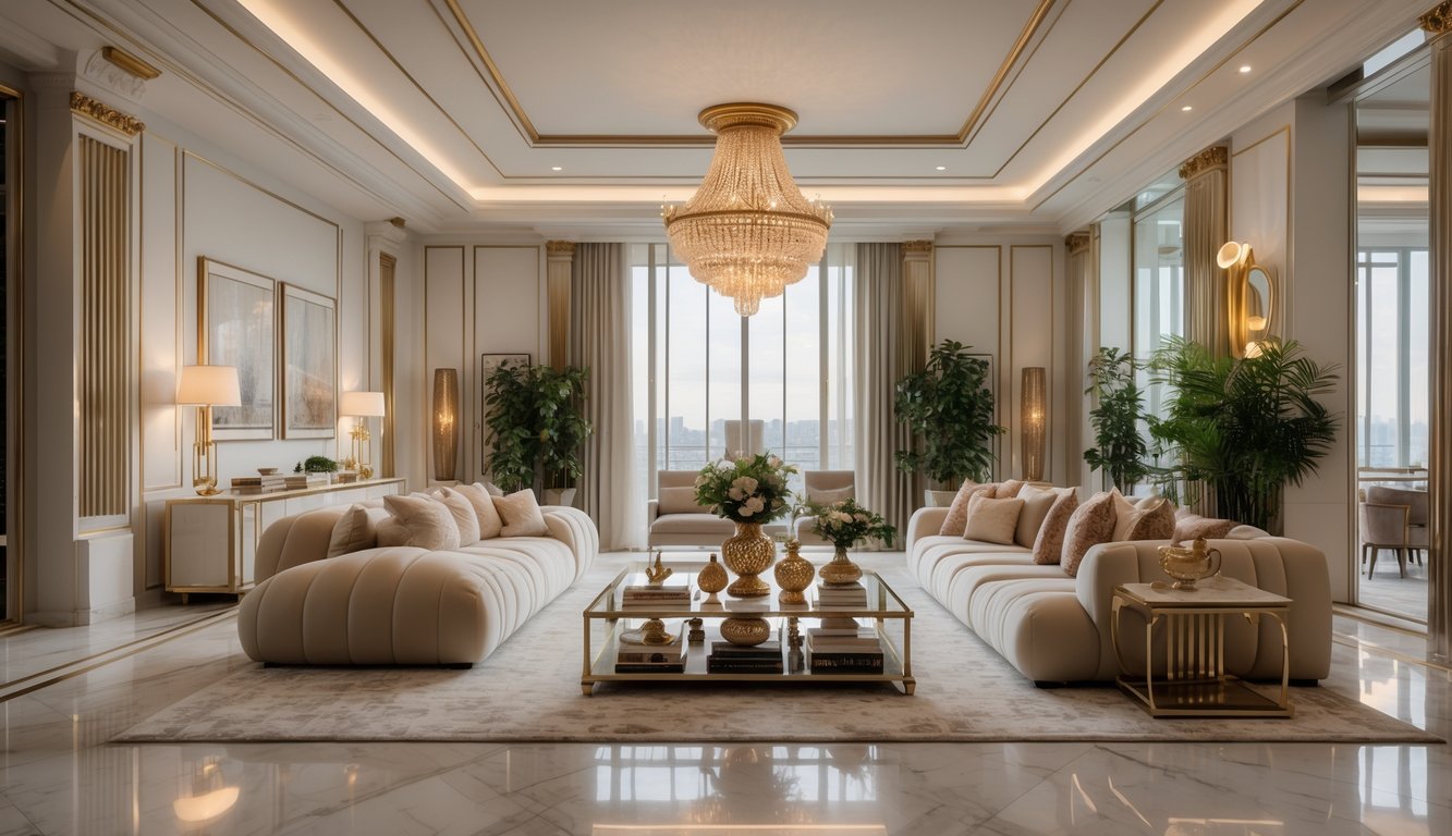 Ruang tamu mewah dengan sofa besar, lampu gantung, tanaman dalam ruangan, dan dekorasi elegan yang terang dan nyaman.