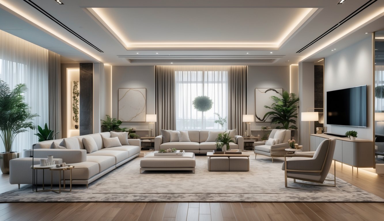 Ruang keluarga luas dengan sofa besar, jendela tinggi, dan dekorasi modern yang elegan.