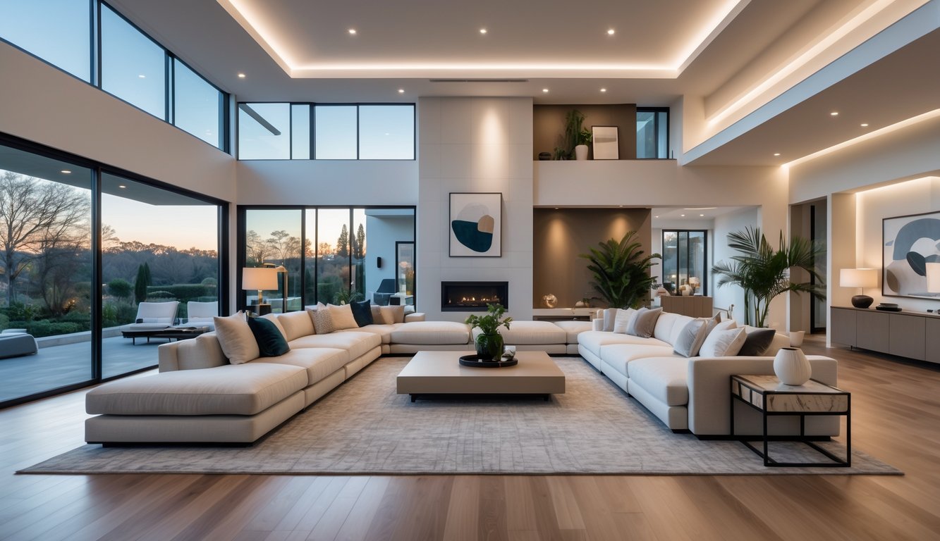 Ruang keluarga megah dengan sofa besar, jendela besar, dan dekorasi modern di rumah kontemporer.