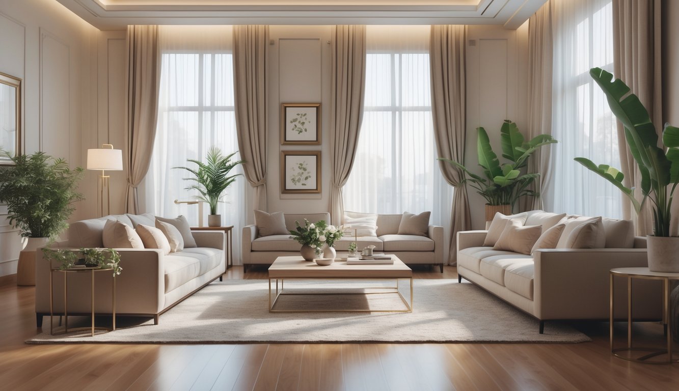 Ruang keluarga luas dengan sofa nyaman, meja kopi, tanaman hias, dan jendela besar yang menerangi ruangan.