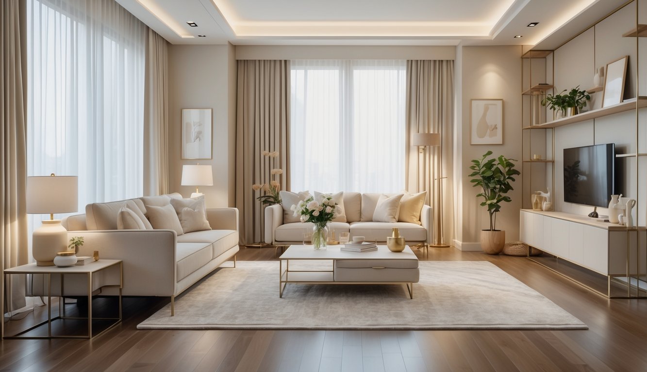 Ruang keluarga dengan sofa nyaman, meja kopi, rak dekorasi, dan jendela besar yang menerangi ruangan.