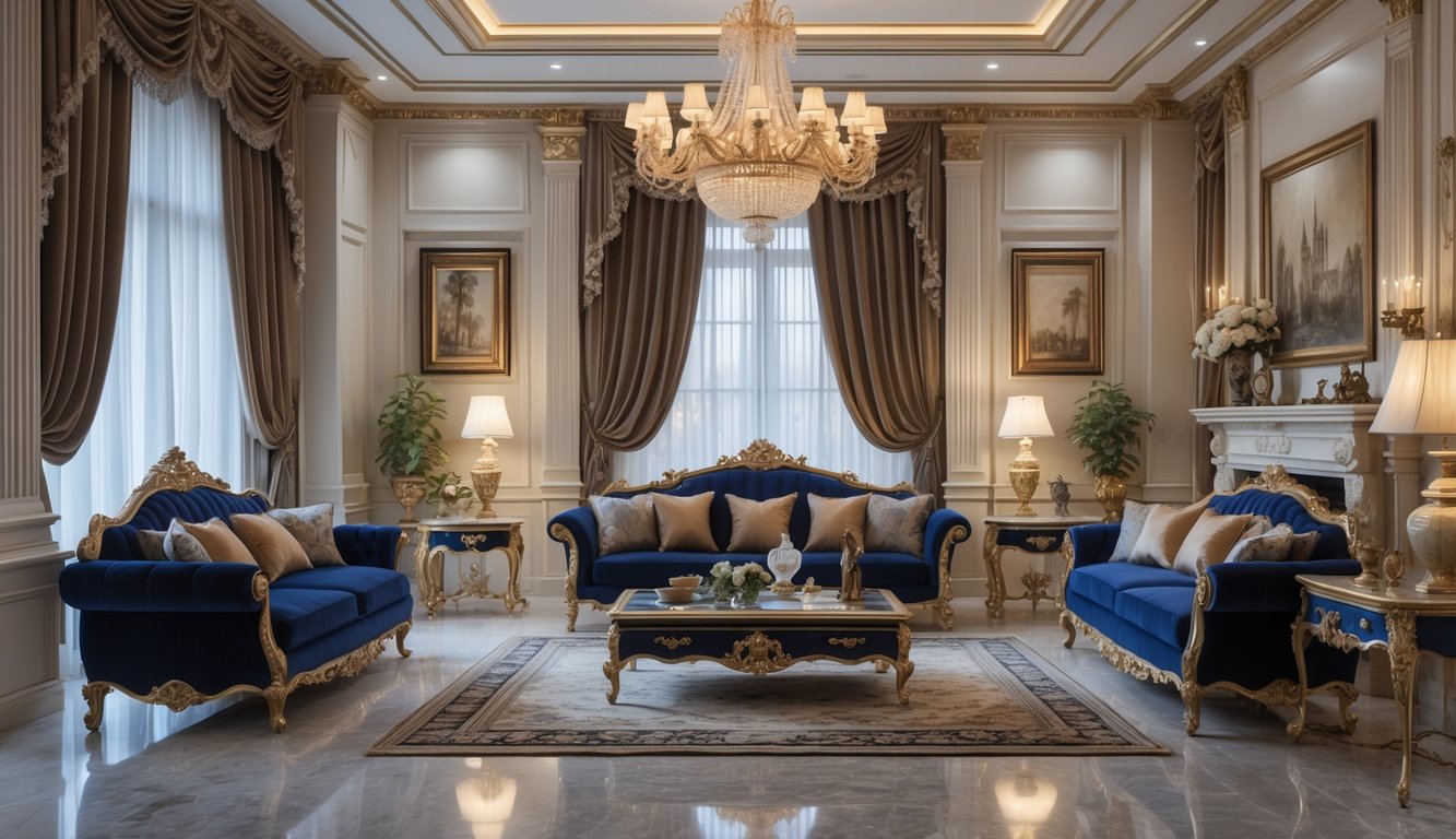 Sebuah ruang keluarga megah dengan sofa mewah, lampu gantung besar, dan perabotan kayu yang elegan.