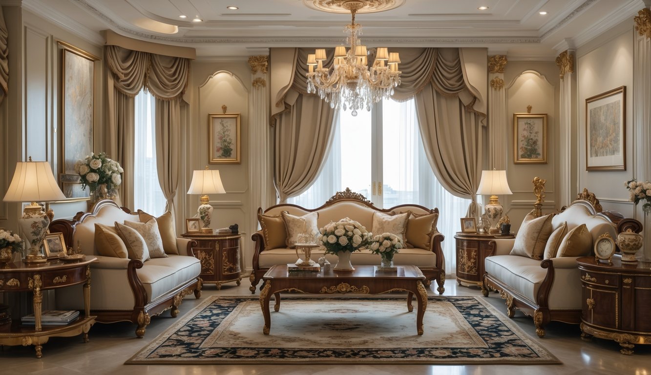 Ruang keluarga yang luas dengan sofa besar, meja kopi, lampu gantung, dan dekorasi elegan di dalam ruangan yang terang dan nyaman.