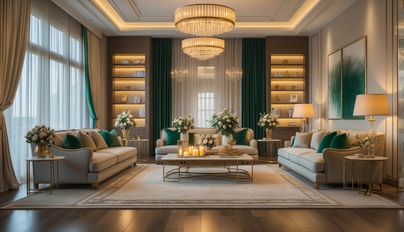 Ruang keluarga luas dan mewah dengan sofa nyaman, meja kopi, pencahayaan hangat, dan dekorasi elegan.