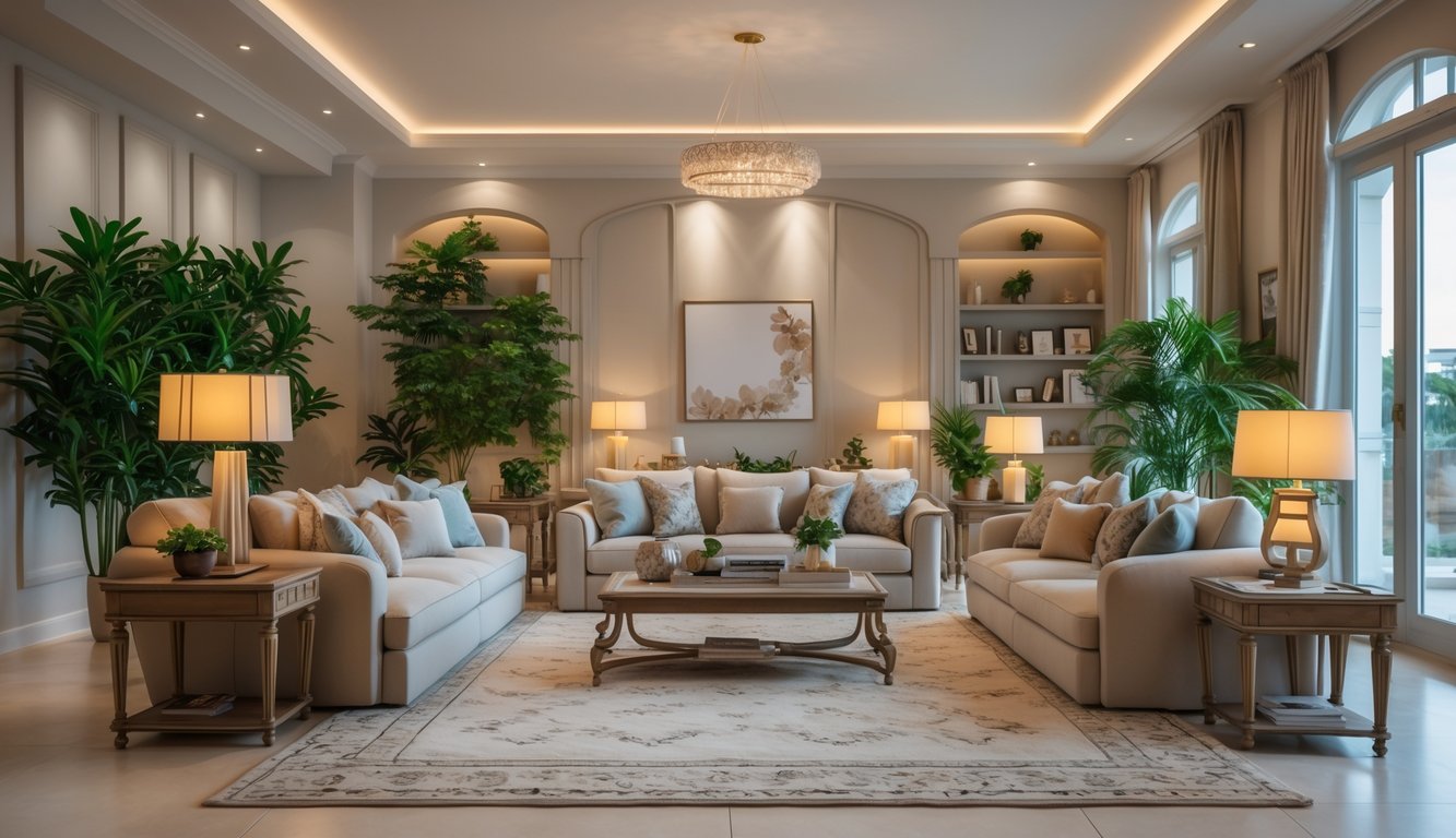 Ruang keluarga luas dan nyaman dengan sofa besar, meja kopi, tanaman hias, dan pencahayaan hangat.