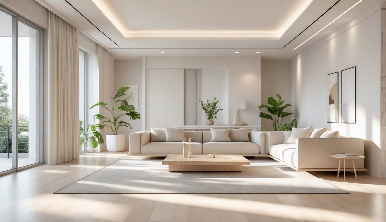 Ruang keluarga luas dengan sofa nyaman, meja kopi kayu, tanaman dalam ruangan, dan jendela besar yang menerangi ruangan.