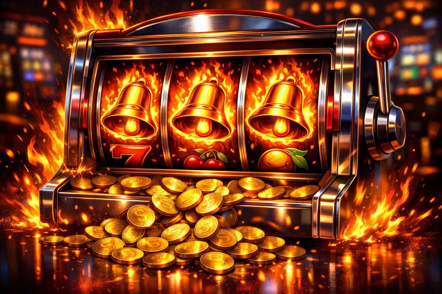 A Slot Machine With Glowing Fiery Bells On The Reels, Surrounded By Flames And Gold Coins, Set In A Dark Casino Environment.