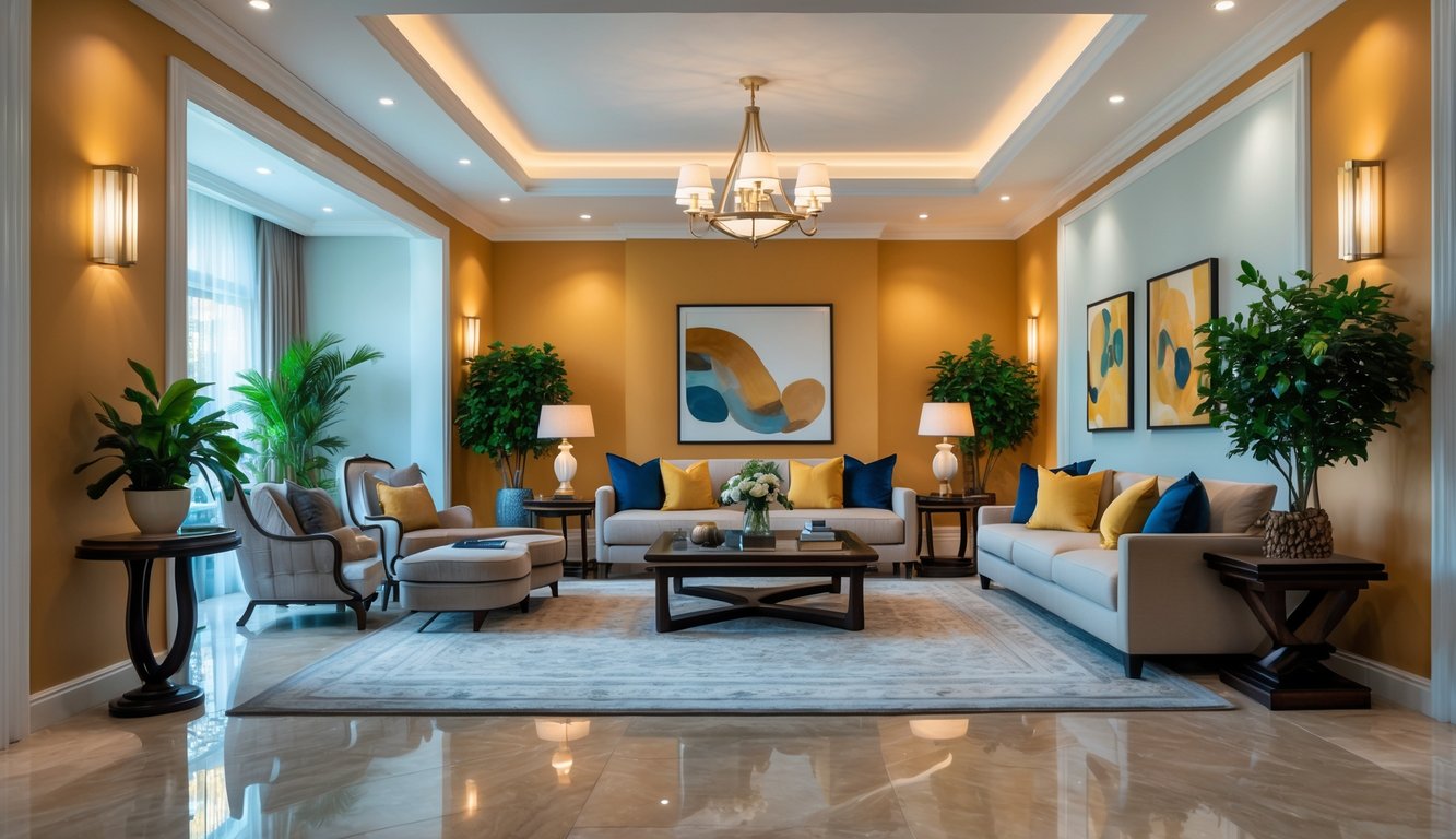 Ruang keluarga megah dengan perabotan elegan dan warna cat dinding yang serasi, diterangi cahaya alami dari jendela besar.