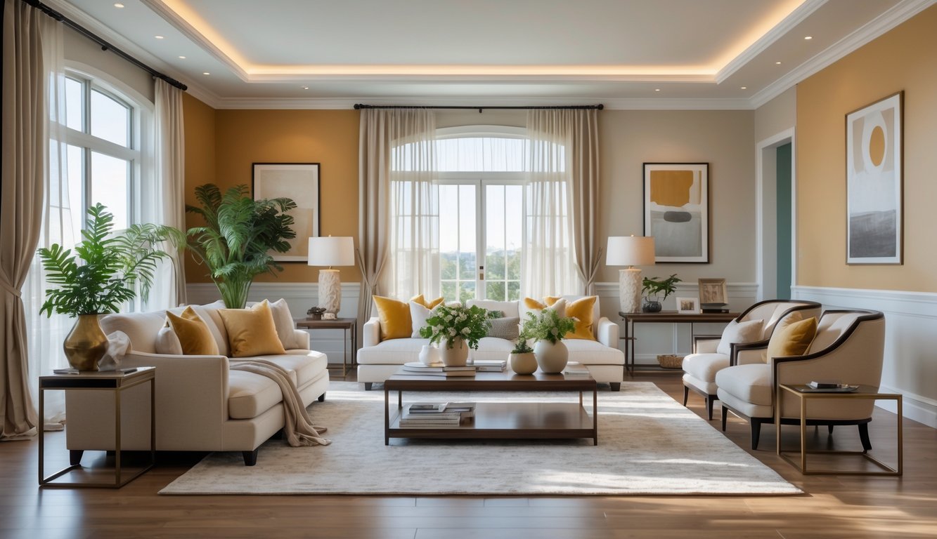 Ruang keluarga megah dengan furnitur elegan dan kombinasi warna cat dinding yang harmonis, diterangi cahaya alami dari jendela besar.