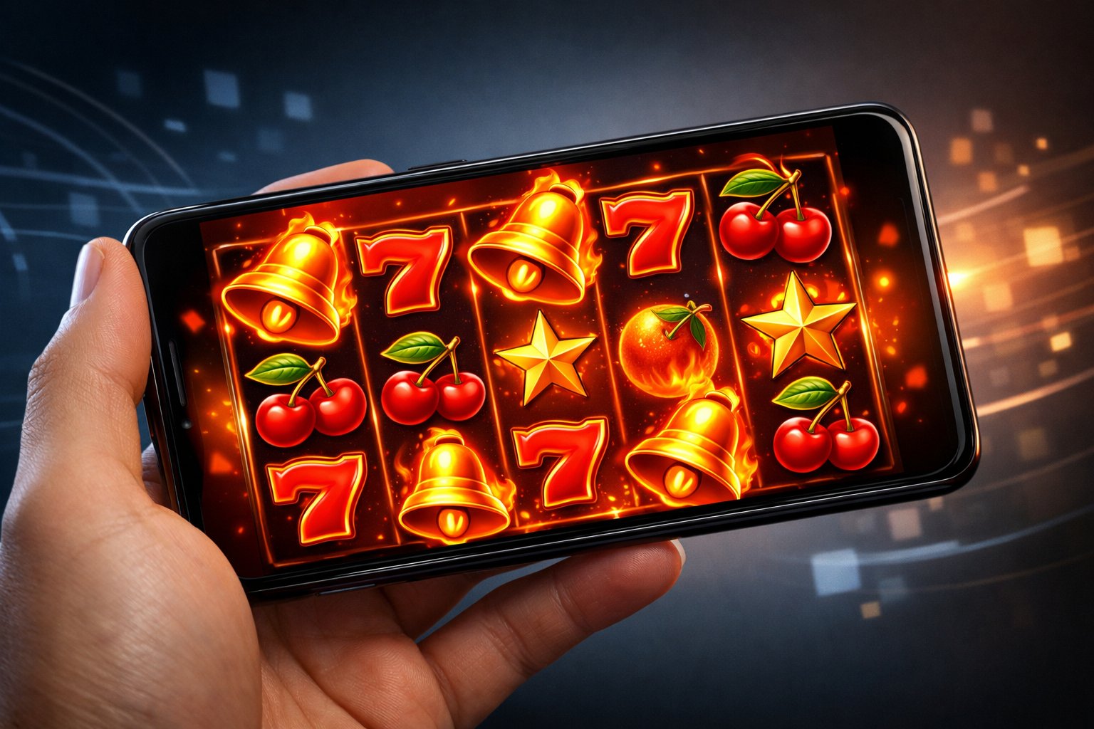 A Hand Holding A Smartphone Showing A Colorful Slot Game Screen With Fiery Bells, Cherries, And Sevens Symbols.
