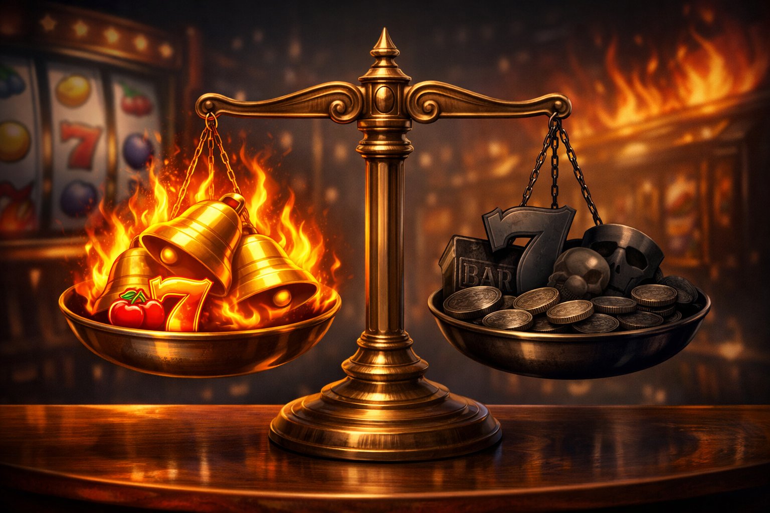 A Balanced Scale With Glowing Bells And Flames On One Side And Shadowed Slot Machine Elements On The Other, Set Against A Casino Background.