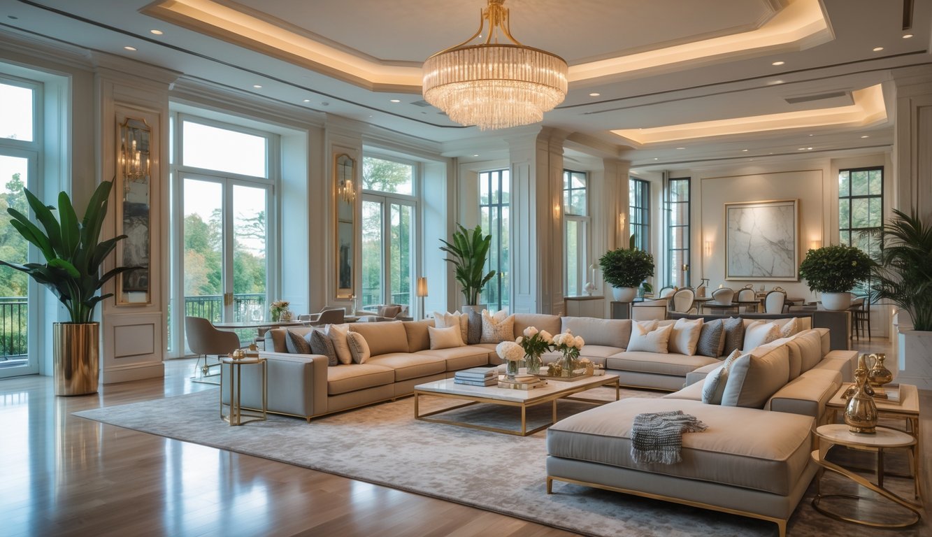 Ruang keluarga megah dengan sofa besar, meja kopi, lampu gantung, dan jendela besar yang menerangi ruangan.