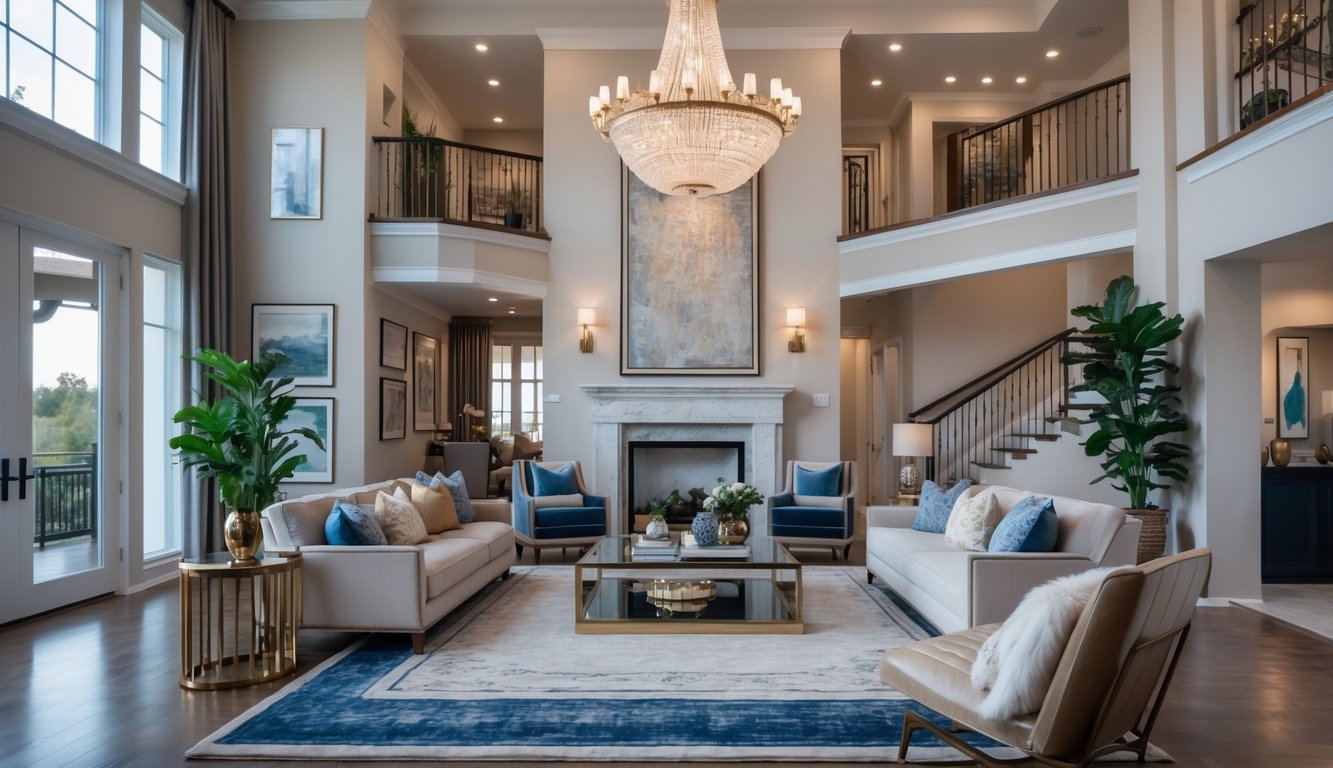 Ruang keluarga mewah dengan langit-langit tinggi, sofa nyaman, lampu gantung besar, dan tangga menuju lantai atas di rumah dua lantai.