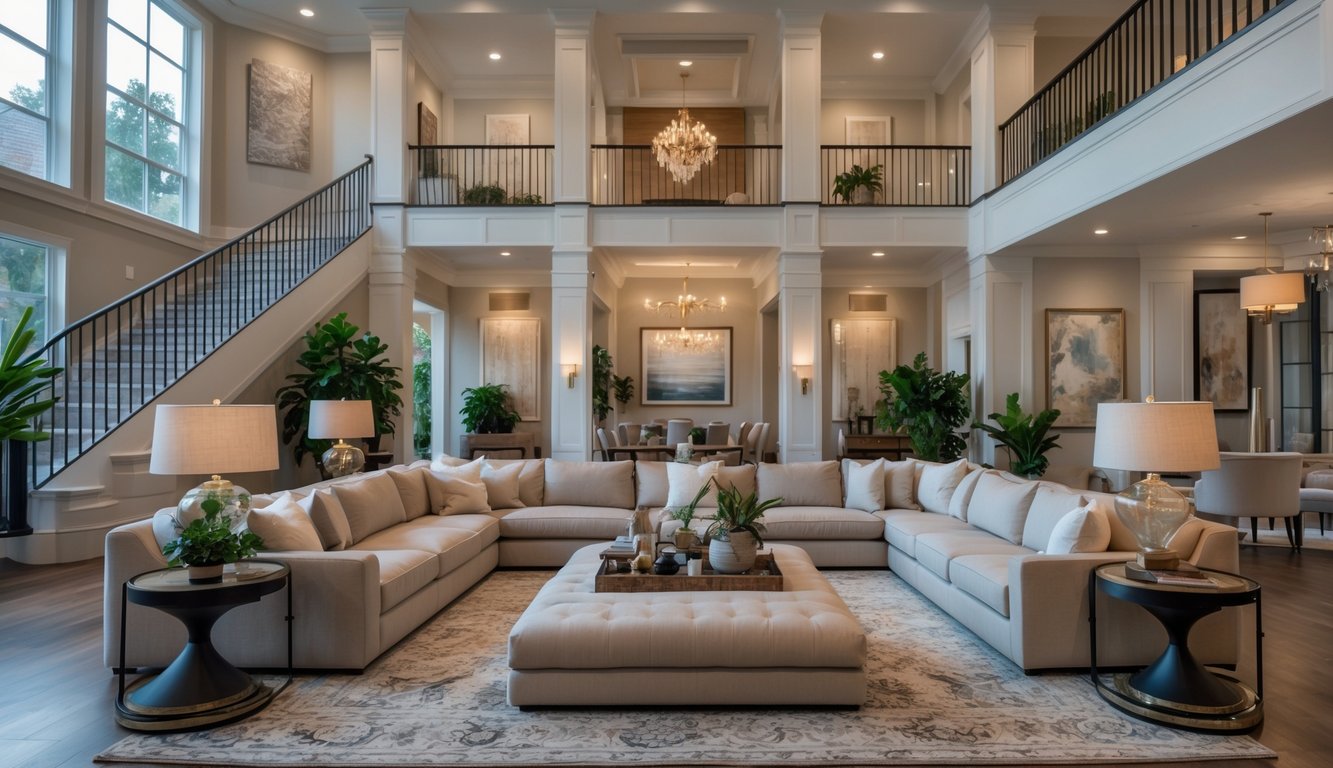 Ruang keluarga megah dengan sofa besar, meja kopi, tangga modern, dan tanaman hias di rumah dua lantai.