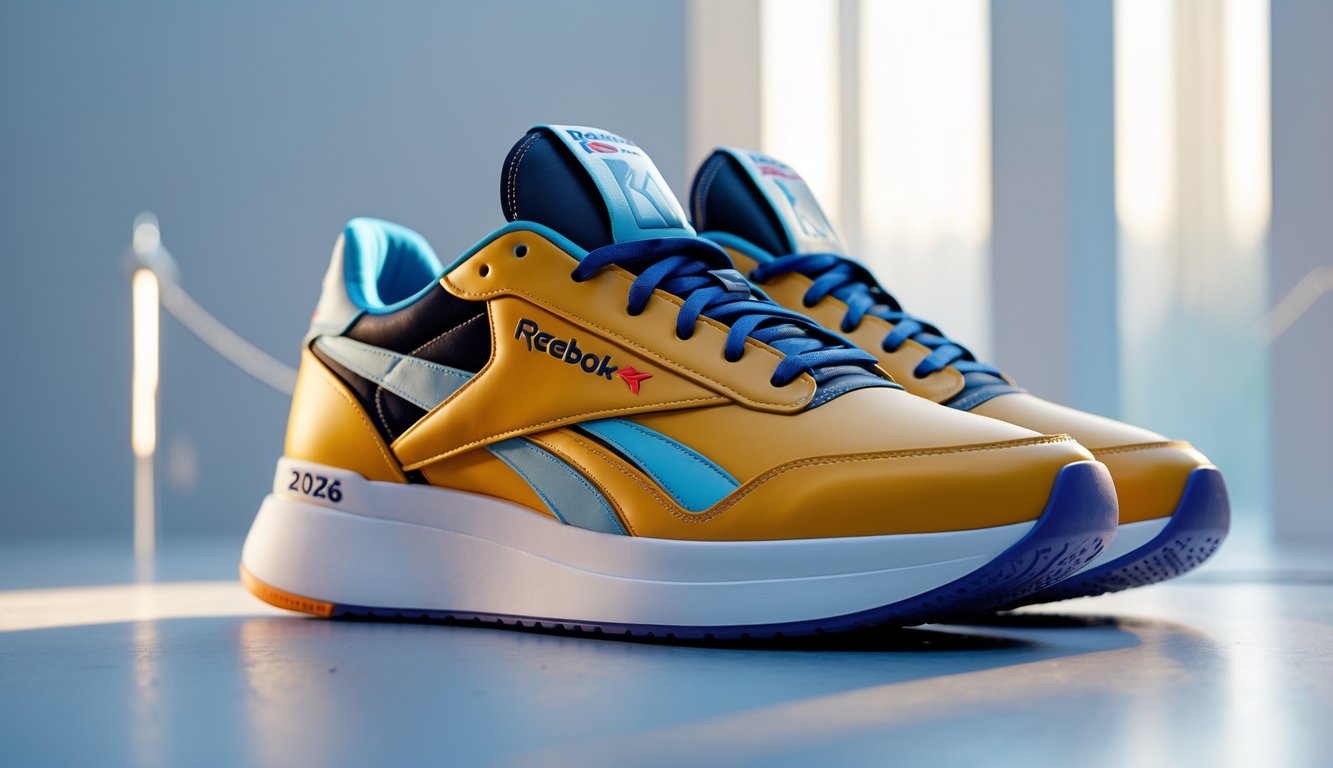Sepasang sepatu Reebok terbaru 2026 ditampilkan di atas permukaan bersih dengan latar belakang minimalis.