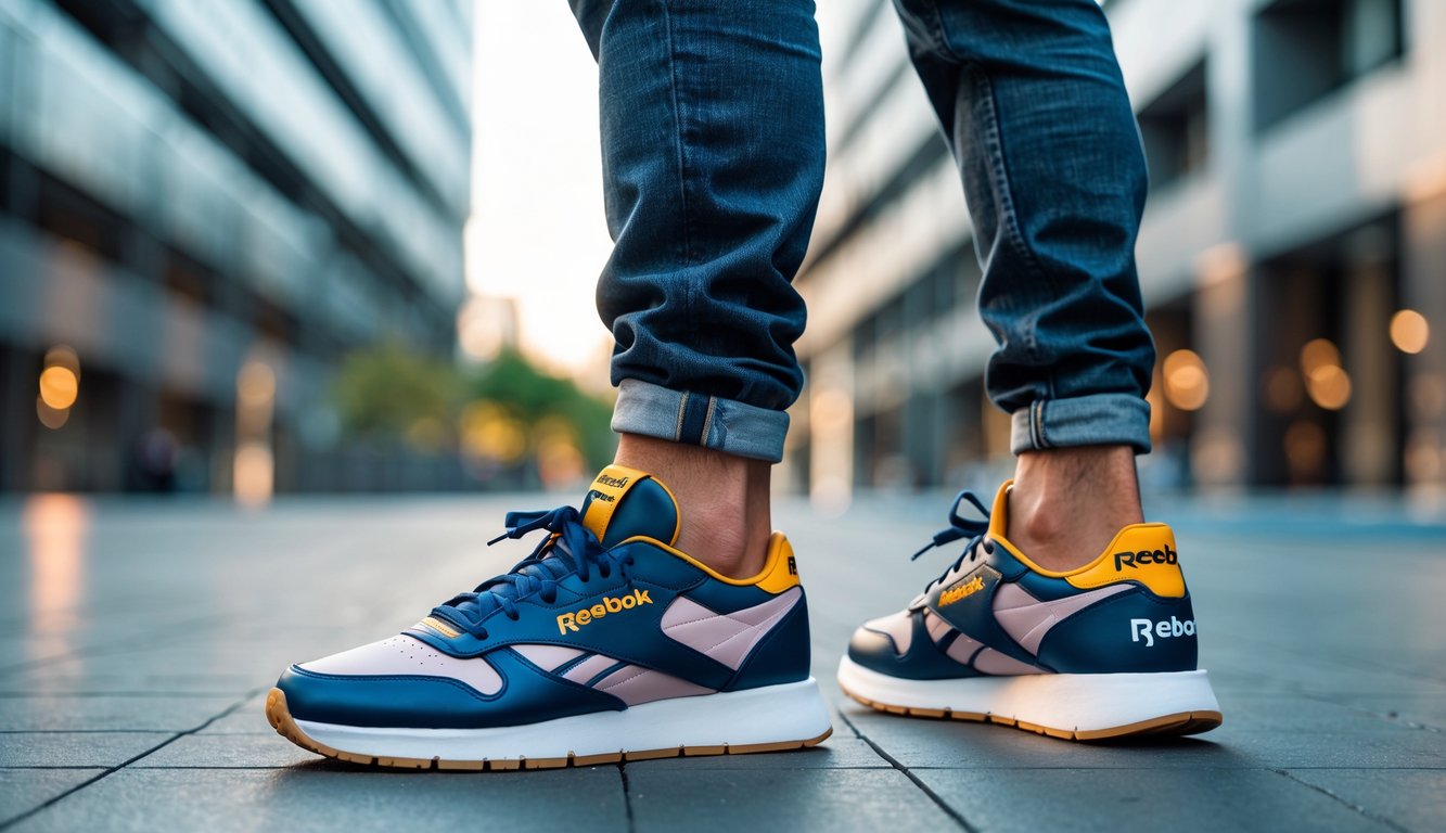 Seorang dewasa muda berdiri di lingkungan perkotaan modern mengenakan sepatu Reebok terbaru, menunjukkan sikap percaya diri dan gaya.