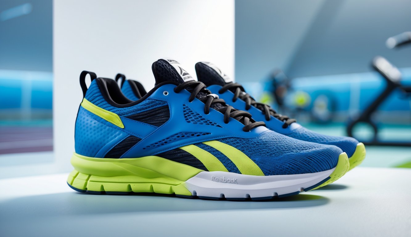 Sepasang sepatu olahraga Reebok untuk pria aktif dan sporty diletakkan di atas permukaan bersih dengan latar belakang sederhana.