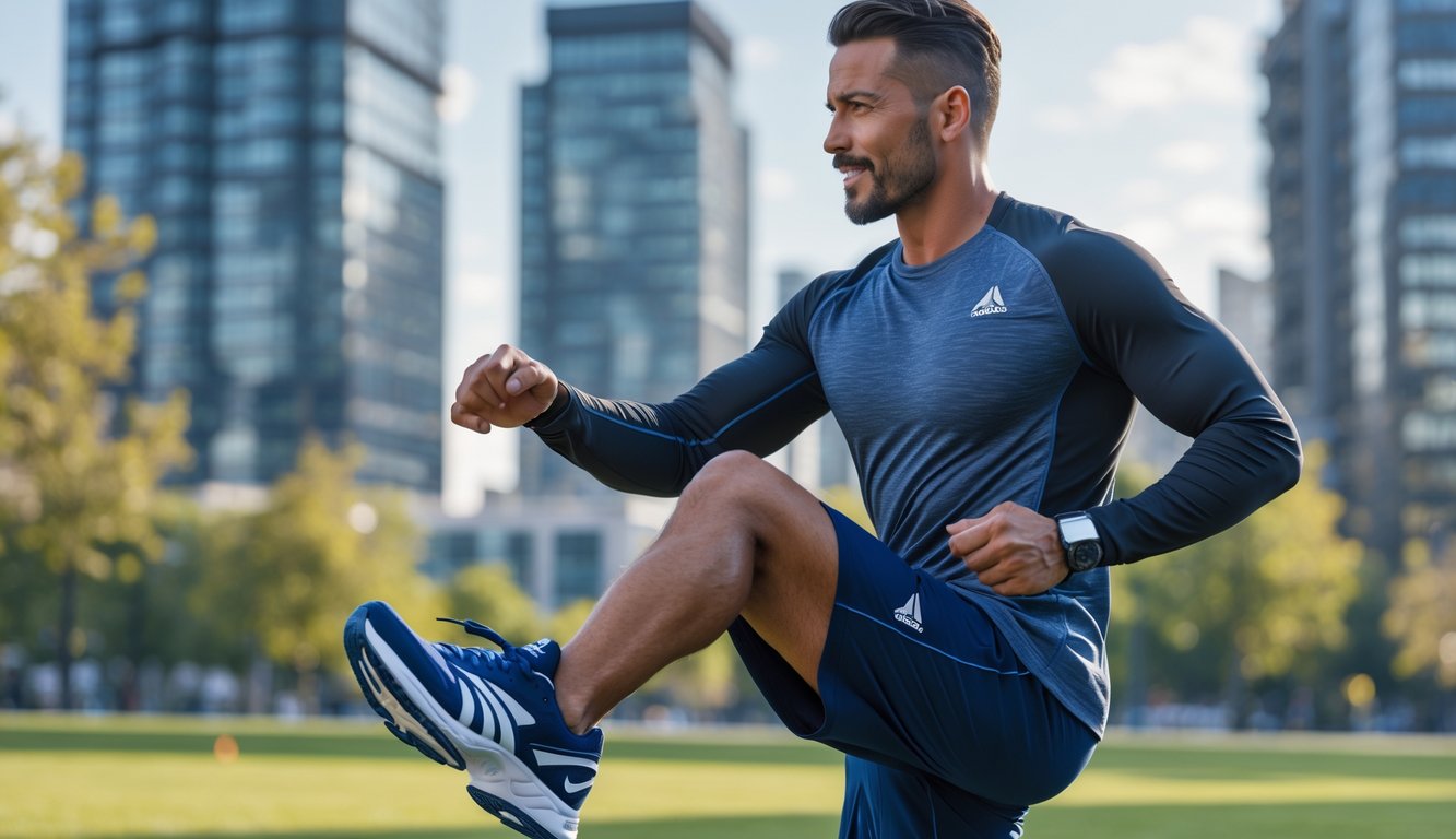 Seorang pria atletis mengenakan sepatu Reebok sedang berlari di taman kota dengan gedung-gedung modern di latar belakang.