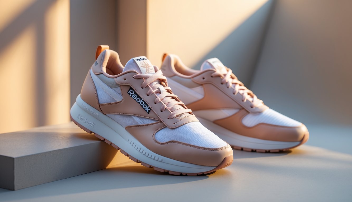 Sepasang sepatu wanita Reebok yang elegan dan nyaman ditampilkan di atas permukaan bersih dengan pencahayaan alami.