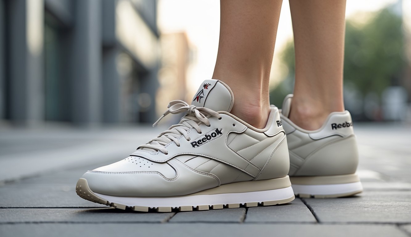 Seorang wanita muda berdiri di luar ruangan dengan sepatu Reebok yang elegan dan nyaman, latar belakang perkotaan modern.