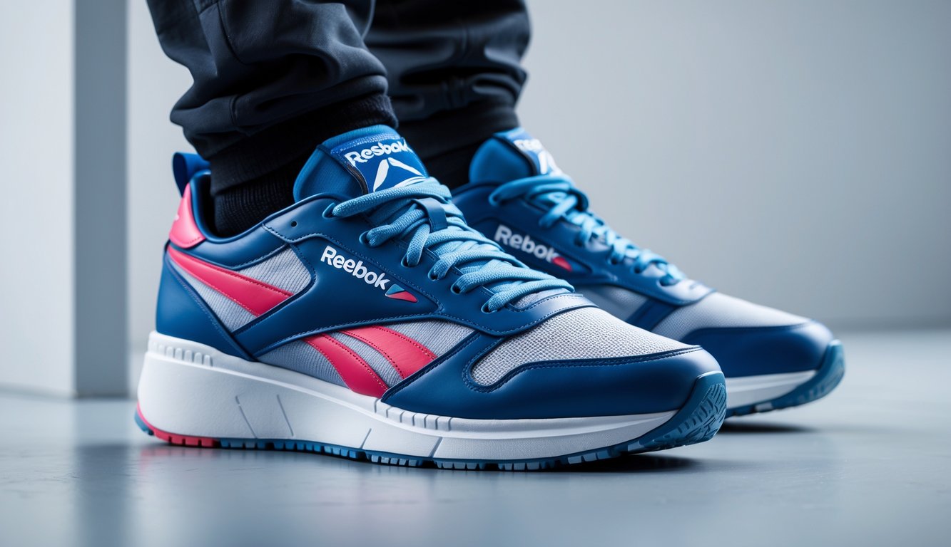 Sepasang sepatu Reebok dengan desain modern dan teknologi canggih diletakkan di atas permukaan bersih.