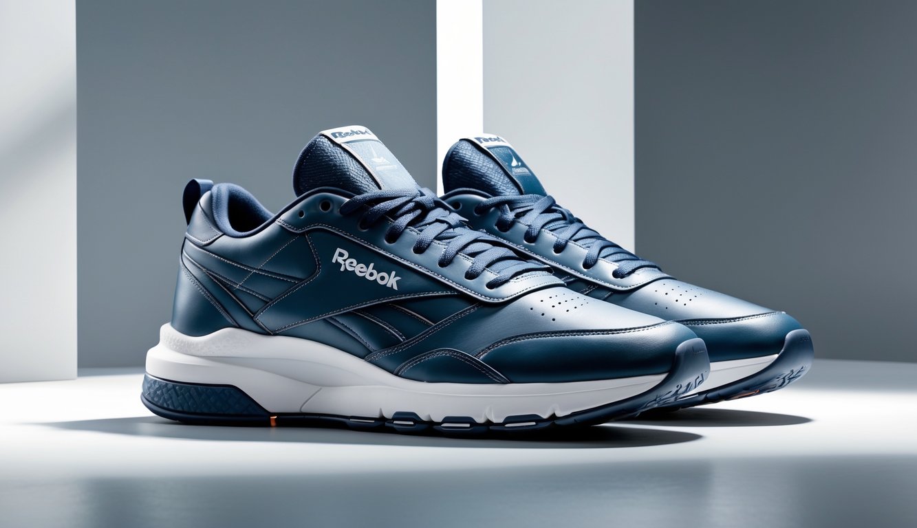 Sepasang sepatu Reebok premium yang ditampilkan di atas permukaan modern dengan pencahayaan yang menonjolkan detail dan kualitas bahan sepatu.
