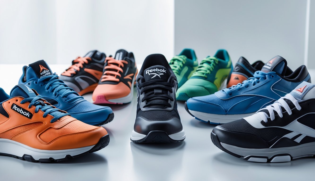 Berbagai sepatu olahraga Reebok yang berbeda warna dan model tersusun rapi di atas permukaan bersih.