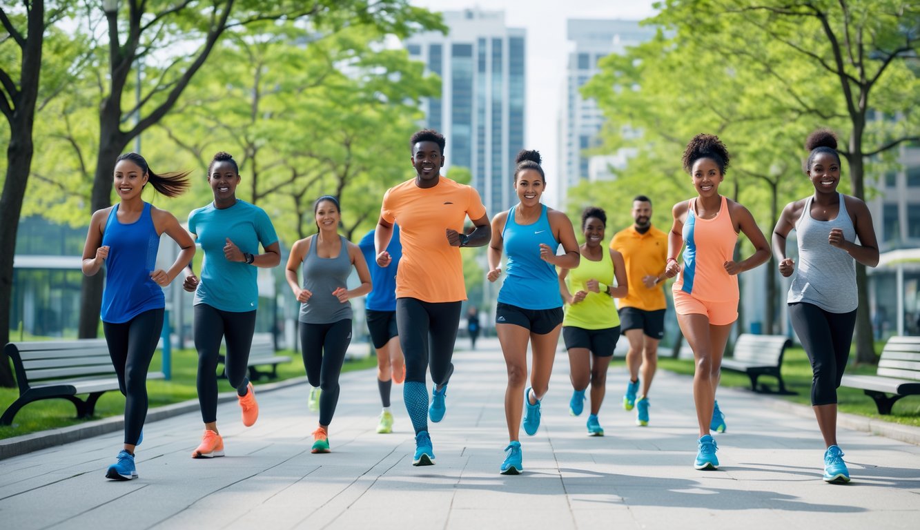 Sekelompok orang memakai sepatu Reebok sedang berolahraga dan melakukan aktivitas harian di taman kota.