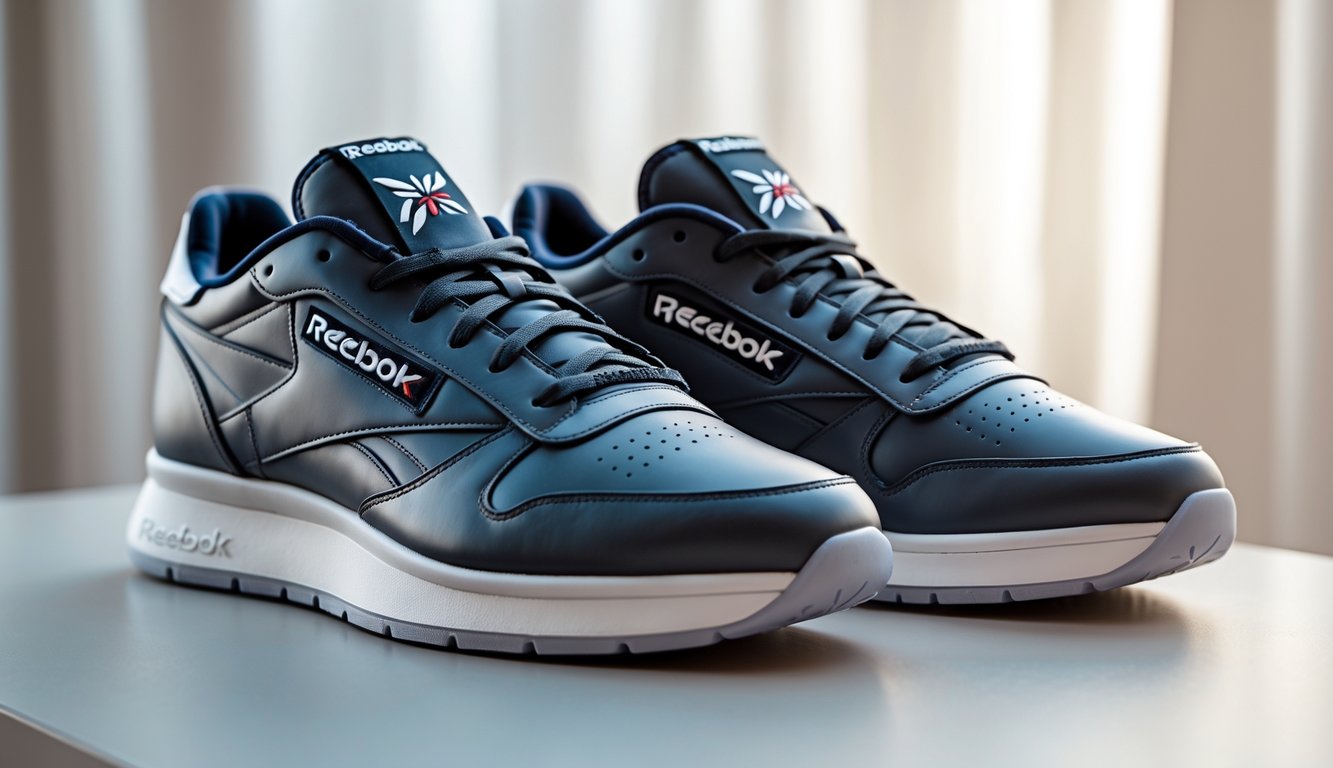 Sepasang sepatu Reebok yang terlihat mewah dan berkualitas tinggi diletakkan di atas permukaan bersih dengan pencahayaan alami.